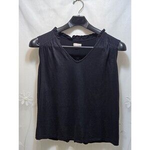 Knox Rose Womens Large Black Tank Top Ruffle Lightweight Solid Romantic V-Neck